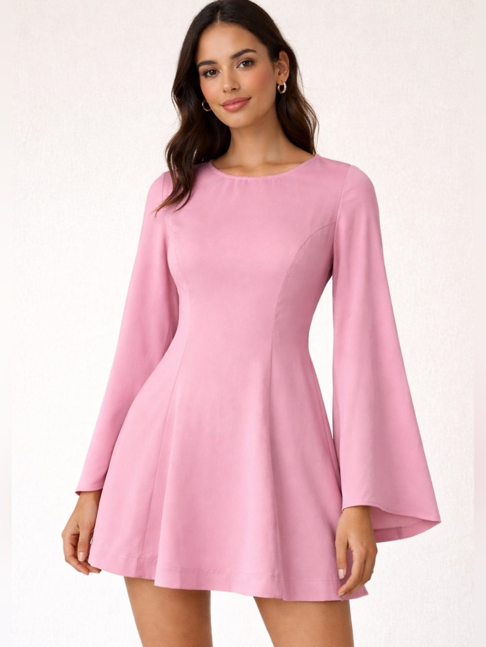R.G. Kane Pink Fit & Flare Mini Dress Bell Sleeve Tie Back Size Small